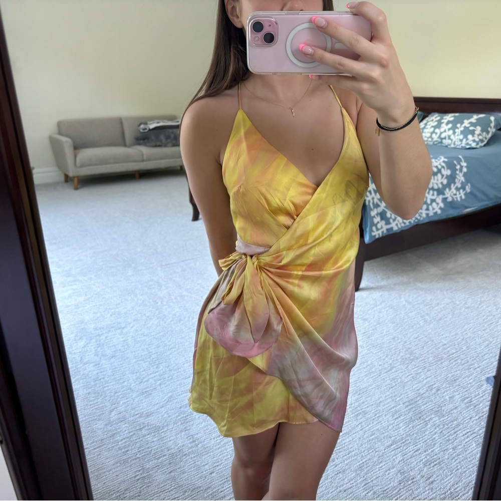 Angel Biba Yellow and Pink Satin Wrap Dress
